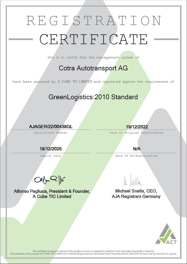 COTRA ist ISO 14001 und green logistics zertifiziert